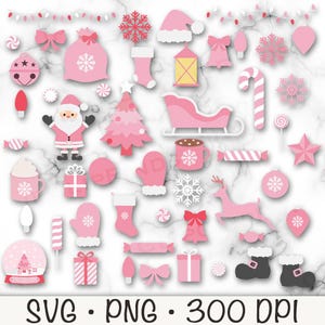 May include: Pink and white Christmas clip art set with images of Santa, a Christmas tree, presents, candy canes, a sleigh, a snowflake, a mitten, a stocking, a bell, a star, a reindeer, a snow globe, and a hot chocolate mug.