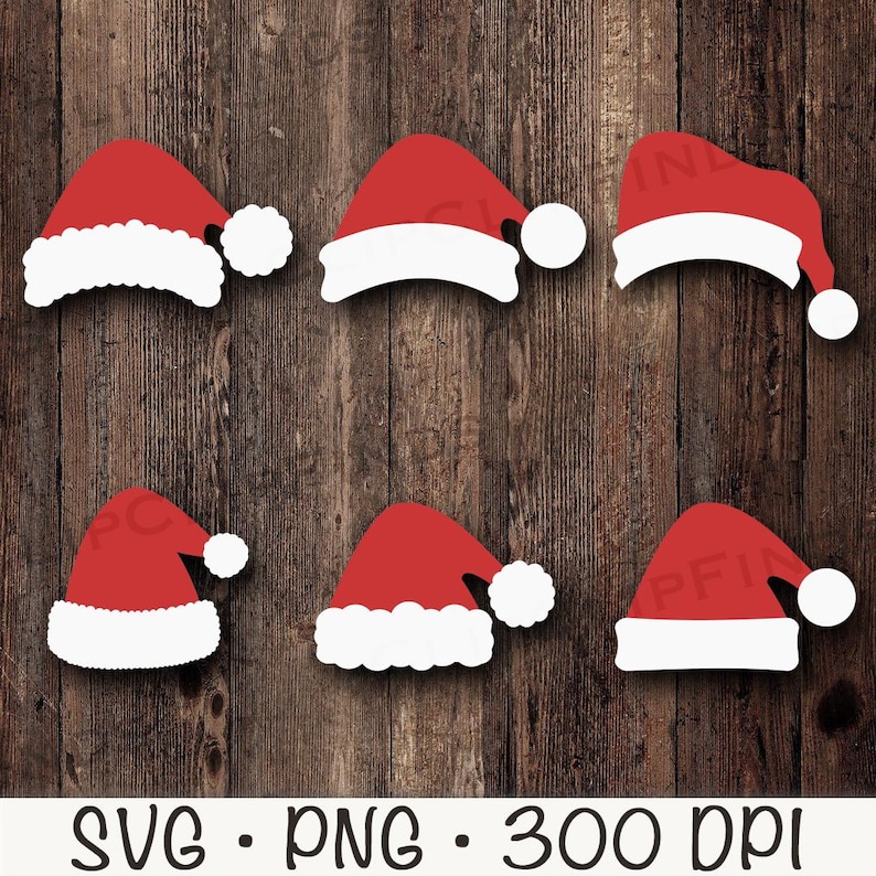 May include: Six red and white Santa hats with a white pom-pom on the tip. The hats are arranged in two rows of three on a wood background.