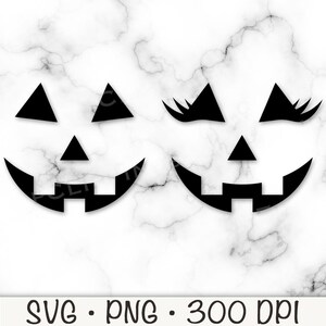 May include: Two black and white pumpkin face silhouettes with eyelashes on one face. The faces are simple and have a traditional jack-o-lantern shape.