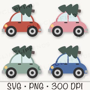 May include: Four colorful car illustrations, each with a Christmas tree on top. The cars are red, pink, green, and blue, with black wheels and a light-colored bumper. The image includes the text "SVG • PNG • 300 DPI".