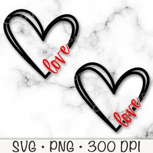 May include: Two black outlined hearts with the word "love" written in red inside each heart.