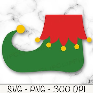 May include: A green elf shoe with a red and white pointed hat. The shoe has yellow circles around the edge.