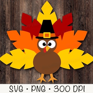 Puede incluir: Un pavo de dibujos animados con un sombrero de peregrino, cuerpo marrón y ojos grandes. El pavo tiene una cola de plumas amarilla, naranja y roja.