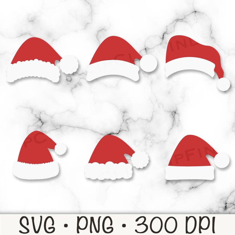 May include: Six red and white Santa hats with white fur trim. The hats are isolated against a white marble background.