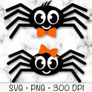 Puede incluir: Dos arañas de dibujos animados con ojos grandes y ocho patas. La araña macho lleva una corbata de lazo naranja y la araña hembra lleva un lazo naranja. Las arañas están sobre un fondo de mármol blanco.