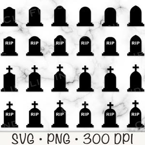 RIP Tombstone Halloween Black Gravestone Bundle met en zonder kruis SVG en PNG transparante achtergrond Clip Art direct downloaden
