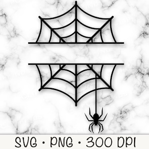 Peut inclure: Silhouette noire et blanche d'une toile d'araignée avec une araignée suspendue en bas. La toile est divisée en deux avec un espace vide au milieu pour du texte. SVG. PNG. 300 DPI.