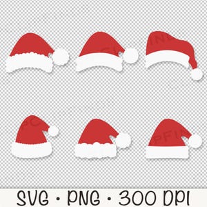 May include: Set of six red and white Santa hats with a fluffy white trim. The hats are in a variety of poses, some with the brim turned up and others with the brim turned down.