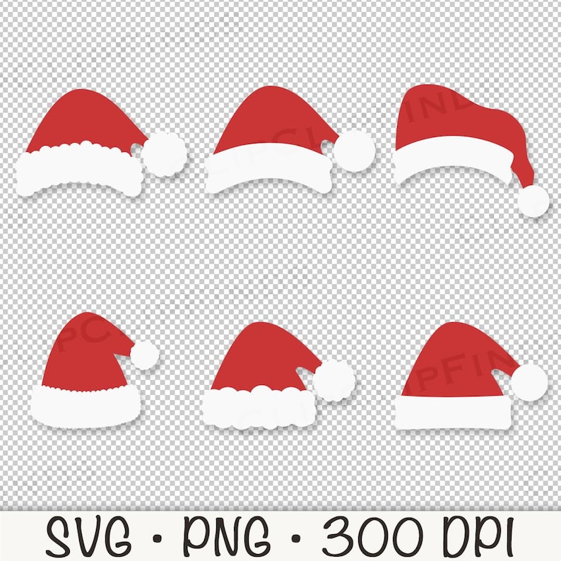 May include: Set of six red and white Santa hats with a fluffy white trim. The hats are in a variety of poses, some with the brim turned up and others with the brim turned down.