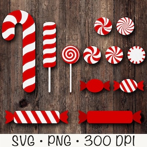 May include: A set of red and white candy cane and peppermint-themed clipart graphics. The set includes candy canes, lollipops, and wrapped candies. The graphics are perfect for creating holiday crafts, cards, and decorations.