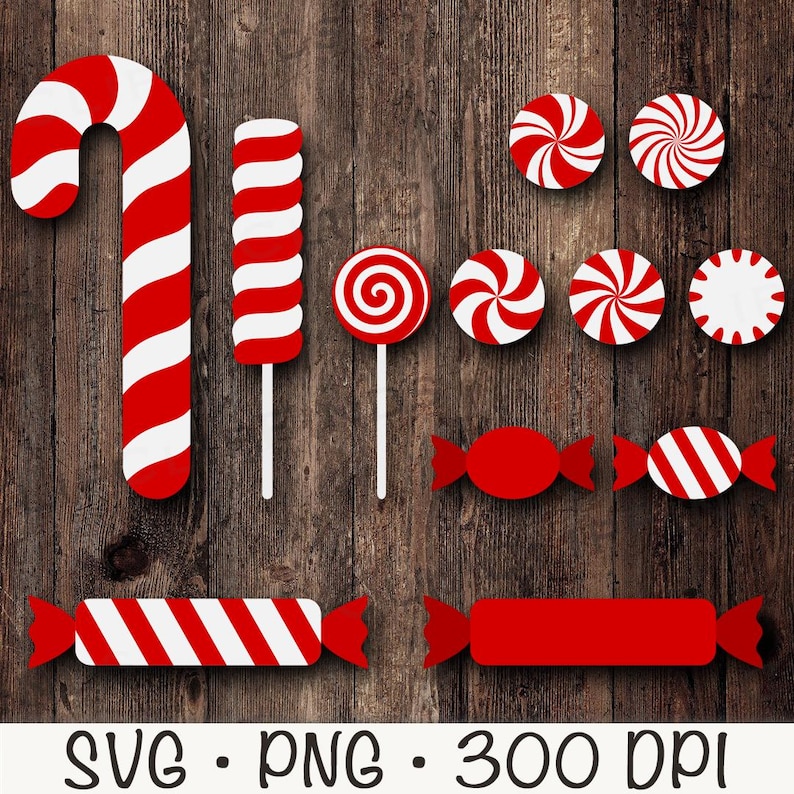 May include: A set of red and white candy cane and peppermint-themed clipart graphics. The set includes candy canes, lollipops, and wrapped candies. The graphics are perfect for creating holiday crafts, cards, and decorations.