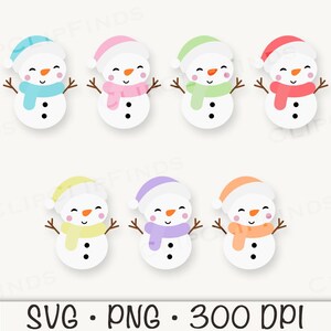 K&ouml;nnte beinhalten: Satz mit 8 Cartoon-Schneemann-Illustrationen mit verschiedenen farbigen H&uuml;ten und Schals. Die Schneem&auml;nner l&auml;cheln alle und haben schwarze Augen und Kn&ouml;pfe.