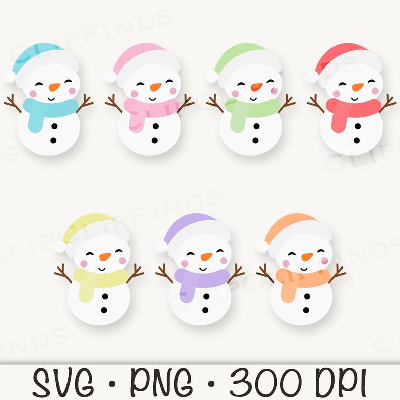 K&ouml;nnte beinhalten: Satz mit 8 Cartoon-Schneemann-Illustrationen mit verschiedenen farbigen H&uuml;ten und Schals. Die Schneem&auml;nner l&auml;cheln alle und haben schwarze Augen und Kn&ouml;pfe.