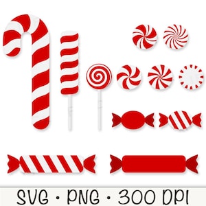 May include: A set of red and white candy cane and peppermint candy graphics. The set includes a candy cane, a lollipop, a swirl candy, a round candy, and two candy canes in a wrapper.