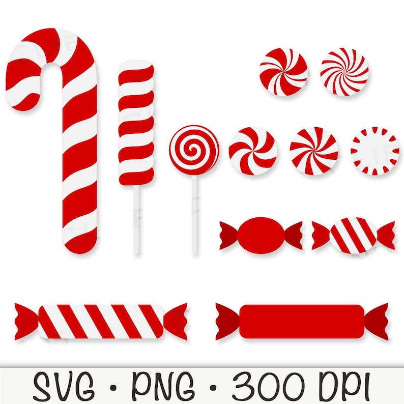 May include: A set of red and white candy cane and peppermint candy graphics. The set includes a candy cane, a lollipop, a swirl candy, a round candy, and two candy canes in a wrapper.