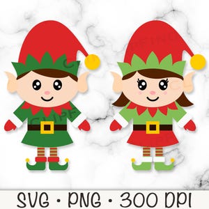 Schattige elfje jongen en meisje SVG, elfje PNG, meisjeself, elf illustraties, groene en rode elf, babyelf, kerstelfen, digitale download