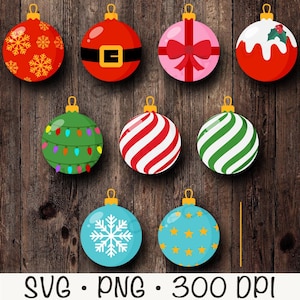 May include: Set of ten Christmas baubles with various designs, including snowflakes, Santa Claus, a gift box, a pudding, lights, stripes, and stars. The baubles are all red, green, blue, or white.