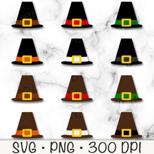 May include: Twelve different Thanksgiving pilgrim hats in various colors. The hats are brown, black, and white with different colored bands. The bands are red, green, white, black, and orange. The hats are all the same shape and size.  SVG. PNG. 300 DPI.