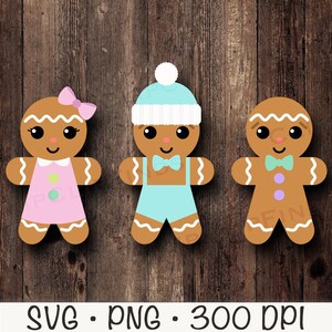 May include: Three gingerbread people with different colored clothing and accessories. The gingerbread person on the left is wearing a pink dress and a pink bow. The gingerbread person in the middle is wearing a blue hat, a blue shirt, and a blue bow tie. The gingerbread person on the right is wearing a brown bow tie. All three gingerbread people have brown eyes and smiles.
