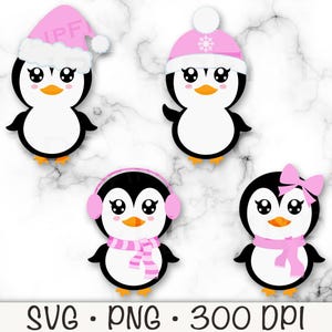 ペンギン SVG、かわいい女の子のペンギン PNG、ペンギンのクリップアート、クリスマス ペンギン、耳あて、スカーフ、サンタ帽子、ピンク、青、コケット、デジタル ファイル