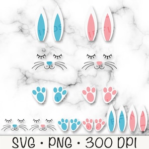 Hasengesicht SVG, Hasenohren, Hasenpfoten, Hasen Bundle Pack PNG, Junge Hase, Mädchen Hase mit geschlossenen Augen, Osterhase, Elemente, digitale Datei