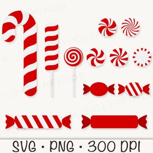 May include: A set of red and white candy cane graphics, including a candy cane, lollipop, and various candy shapes. The graphics are perfect for creating festive Christmas crafts and designs.