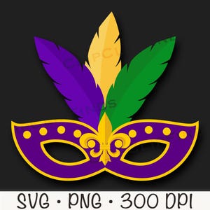 K&ouml;nnte beinhalten: Lila, gr&uuml;n und goldene Mardi Gras-Maske mit Federn. Die Maske hat ein Fleur-de-lis-Design in der Mitte.