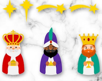 May include: Three Wise Men cartoon characters with gold crowns and robes. The Wise Men are holding gifts: a crown, a star, and a cup. There are also three yellow stars and a yellow shooting star.