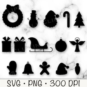 Kerstvormen SVG, kerst silhouetvormen png, krans, bel, engel, cadeau met strik, snoepgoed, want, kerstboom, kerstman, digitaal bestand