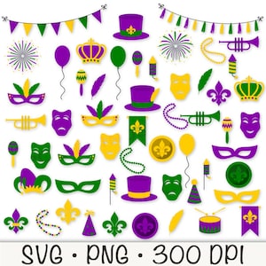 Mardi Gras Clipart, Mardi Gras PNG, Mardi Gras Bundle Pack, Orleans, Fleur de Lis, Carnival, Jester Hat, Beads, Mask, NOLA, SVG,Digital File