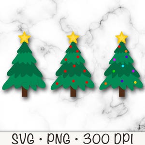 May include: Three green Christmas trees with yellow stars on top. The tree on the left has no ornaments. The middle tree has red ornaments. The tree on the right has colorful ornaments.