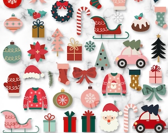 May include: A collection of Christmas-themed digital illustrations. The image features various ornaments, including a red ball with a snowflake, bows, wreaths, candy canes, mittens, stockings, gift boxes, and a Santa Claus face. The image also includes the text "SVG • PNG • 300 DPI".