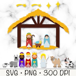 Clipart ze sceną Narodzenia, słodka scena Narodzenia SVG, 3 Królów PNG, Pakiet szopki, Objawienie Pańskie, Scena żłobu, Natychmiastowe pobieranie cyfrowe