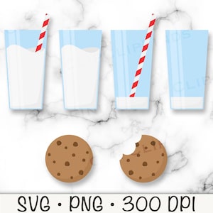 May include: A digital illustration featuring four glasses of milk, two with red and white striped straws, and two chocolate chip cookies, one with a bite taken out. The image includes the text "SVG • PNG • 300 DPI".