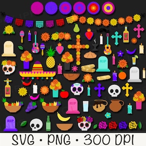 Dag van de Doden, Dia de los Muertos, Ofrenda, Merygold-bloemen, Mexicaans, suikerschedel, Atole, illustraties, SVG, PNG, instant digitale download