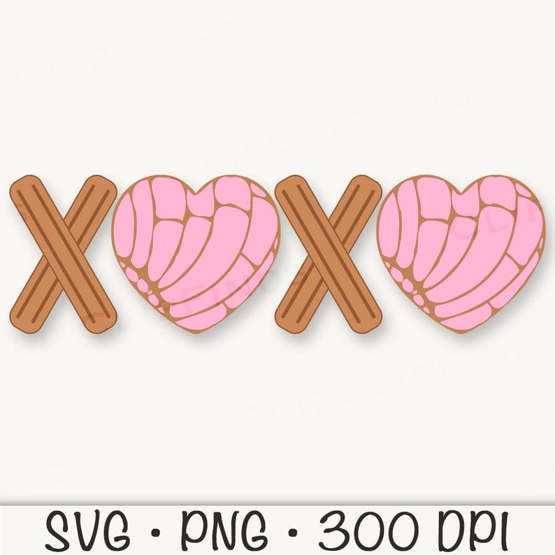 May include: A pink heart-shaped pastry with a swirl design, flanked by two brown cinnamon sticks forming an 'X' on either side. The design spells out 'XOXO' with the pastries representing the 'O's.