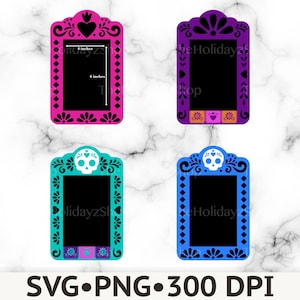 May include: Four rectangular frames with decorative borders in pink, purple, teal, and blue. The pink frame features a 4-inch by 6-inch measurement indicator. Designs include hearts, skulls, and floral motifs. Text at the bottom reads SVG PNG 300 DPI.