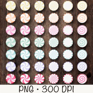 Puede incluir: Una colecci&oacute;n de dise&ntilde;os circulares coloridos con patrones en espiral, incluyendo amarillo, naranja, rosa, verde, azul y rojo. Algunos dise&ntilde;os tienen un borde blanco. El texto "PNG &bull; 300 DPI" est&aacute; en la parte inferior. El fondo es una textura de madera oscura.