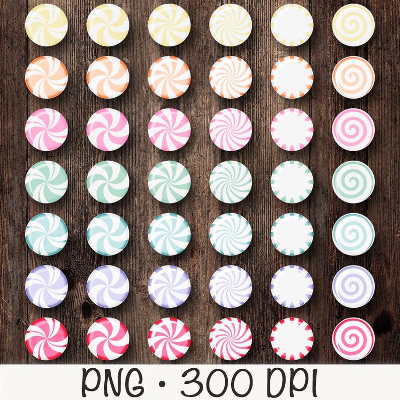 Puede incluir: Una colecci&oacute;n de dise&ntilde;os circulares coloridos con patrones en espiral, incluyendo amarillo, naranja, rosa, verde, azul y rojo. Algunos dise&ntilde;os tienen un borde blanco. El texto "PNG &bull; 300 DPI" est&aacute; en la parte inferior. El fondo es una textura de madera oscura.