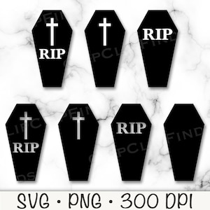 May include: Set of six black coffin-shaped SVG cut files with a white cross and the word "RIP" on each. The files are ideal for creating Halloween decorations, party favours, or scrapbooking projects.
