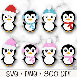 ペンギン SVG、かわいい女の子のペンギン PNG、ペンギンのクリップアート、クリスマス ペンギン、耳あて、スカーフ、サンタ帽子、ピンク、青、デジタル ダウンロード ファイル