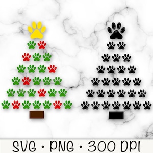 May include: Two Christmas tree designs made of paw prints. One tree is green, red, and yellow. The other tree is black. Both trees have a brown trunk.