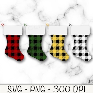 May include: Set of four Christmas stockings with a white cuff and a buffalo plaid pattern in red, green, yellow, and black.