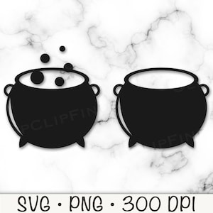 May include: Two black cauldron silhouettes, one with bubbling liquid and the other empty.  Both cauldrons have a rounded bottom and three legs.