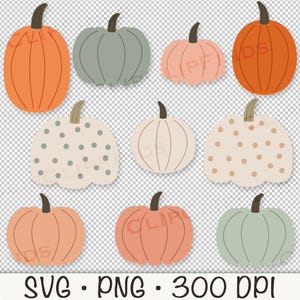 Puede incluir: Conjunto de diez ilustraciones digitales de calabazas en varios colores y patrones, incluyendo naranja, melocot&oacute;n, verde, blanco y marr&oacute;n. Las calabazas tienen diferentes dise&ntilde;os, como lunares y rayas.  SVG PNG 300 DPI.