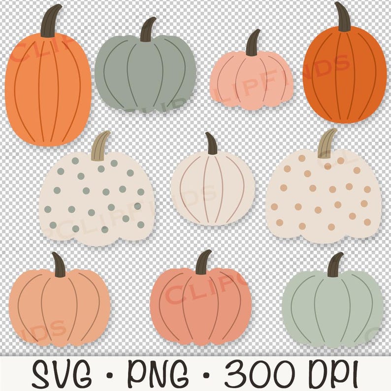 Puede incluir: Conjunto de diez ilustraciones digitales de calabazas en varios colores y patrones, incluyendo naranja, melocot&oacute;n, verde, blanco y marr&oacute;n. Las calabazas tienen diferentes dise&ntilde;os, como lunares y rayas.  SVG PNG 300 DPI.