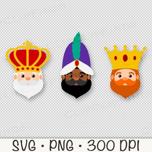 May include: Three cartoon wise men with different colored crowns and beards. The wise man on the left has a red and gold crown and a white beard. The wise man in the middle has a purple and gold crown and a black beard. The wise man on the right has a yellow and gold crown and an orange beard.