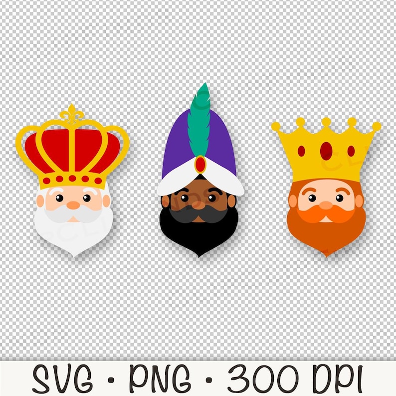 May include: Three cartoon wise men with different colored crowns and beards. The wise man on the left has a red and gold crown and a white beard. The wise man in the middle has a purple and gold crown and a black beard. The wise man on the right has a yellow and gold crown and an orange beard.