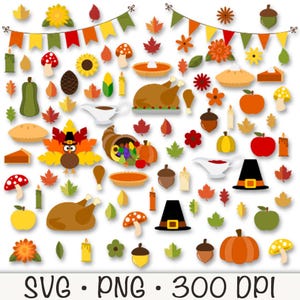 Clip Art della cena del Ringraziamento, ghianda, torta di zucca, mais di pino, tacchino arrosto, cornucopia, cappello del pellegrino, SVG, PNG, download digitale istantaneo