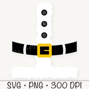 May include: A white Santa Claus suit outline with a black belt and a gold buckle. The suit has three black buttons on the front.